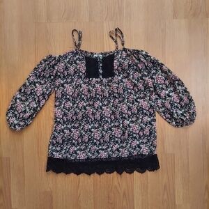 Mia Max floral cold shoulder blouse black pink sheer size XS